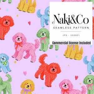 Labradoodle Seamless Pattern | Colorful Puppy Wallpaper (300 DPI JPEG) / Playful cute dogs, bright colors digital paper