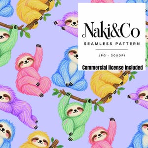 Colorful Sloth Seamless Pattern, Cute Sloth Fabric Design, Pastel Animal Digital Paper, Nursery Print, Commercial Use JPG Download