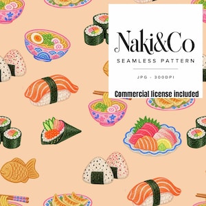 Puede incluir: Un patrón continuo con ilustraciones de comida japonesa como sushi, cuencos de ramen, onigiri y taiyaki sobre un fondo color melocotón claro. El texto Naki&Co SEAMLESS PATTERN JPG 300DPI Commercial license included aparece en blanco.