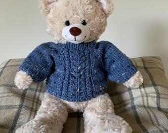 Hand knitted blue fleck cabled aran jumper for a 16” (41cm) Build A Bear teddy bear