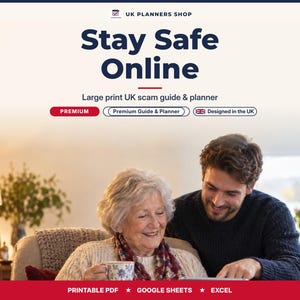 Premium Stay Safe Online Guide UK for Older People, Large Print Scam Awareness Workbook & Planner, Gift for Mum and Dad, Printable PDF