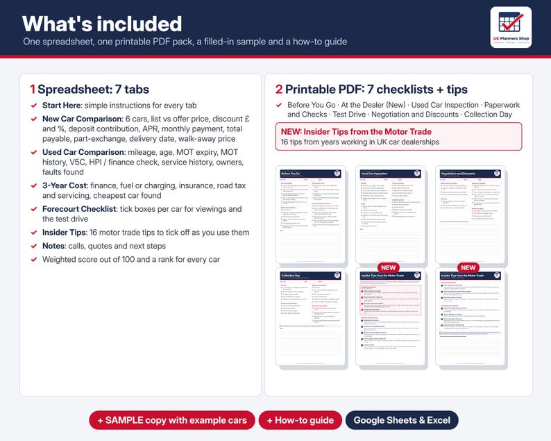 UK Car Buying Planner 2026 | New and Used Car Comparison Spreadsheet ...