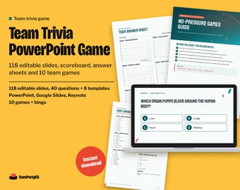 Team Trivia PowerPoint Game, Editable Work Quiz with Scoreboard, 40 Questions plus 8 Templates, Team Building Game