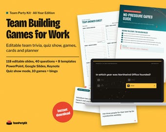 Team Building Games for Work, Editable Team Trivia PowerPoint, Icebreaker Cards, Office Party Games Bundle