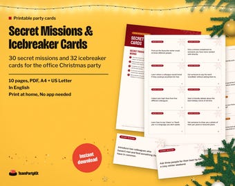 Tarjetas de misión secreta y tarjetas para romper el hielo, juego imprimible para fiestas navideñas de oficina.