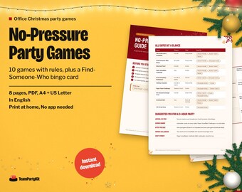 Juegos imprimibles para fiestas navideñas de oficina, 10 juegos sin presión y Bingo Encuentra a alguien que...
