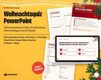 Weihnachtsquiz PowerPoint Deutsch, Weihnachtsfeier Quiz, Weihnachtsspiele Firma, German Christmas Trivia Game, 40 Questions plus 8 Templates