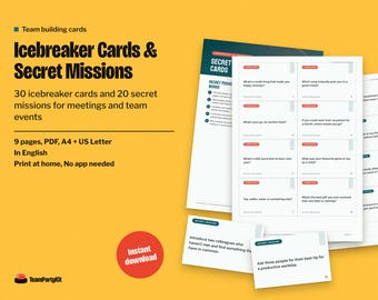 Tarjetas para romper el hielo en el trabajo, juego de misión secreta, actividad imprimible para fomentar el trabajo en equipo en reuniones.