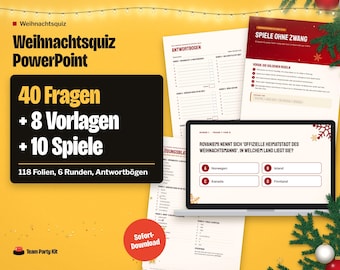 Weihnachtsquiz PowerPoint Deutsch, Weihnachtsfeier Quiz, Weihnachtsspiele Firma, German Christmas Trivia Game, 40 Questions plus 8 Templates