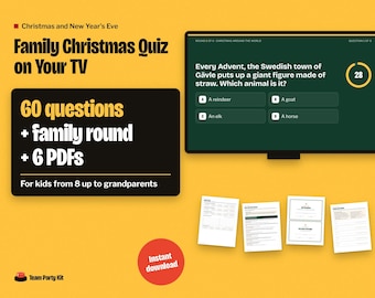 Family Christmas Games on Your TV, Christmas Trivia Quiz Night with Answers, Printable Answer Sheets, New Years Eve Family Game, Kids 8+