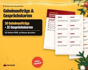 Secret Mission Game in German, Geheimaufträge und Gesprächskarten für die Weihnachtsfeier, Printable Cards