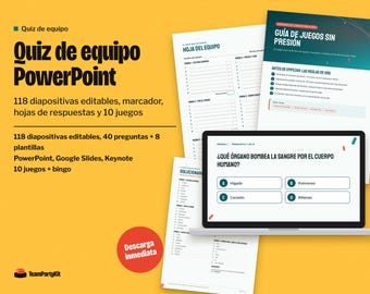 Quiz de Equipo PowerPoint para Eventos de Empresa, Editable, 40 Preguntas y 8 Plantillas, Hojas de Respuestas