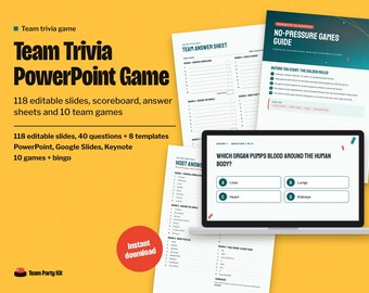 Team Trivia PowerPoint Game, Editable Work Quiz with Scoreboard, 40 Questions plus 8 Templates, Team Building Game