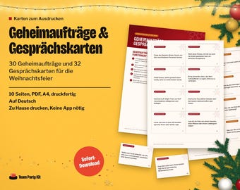 German Secret Mission Cards, Geheimaufträge und Gesprächskarten für die Weihnachtsfeier, Printable