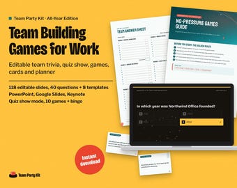 Team Building Games for Work, Editable Team Trivia PowerPoint, Icebreaker Cards, Office Party Games Bundle