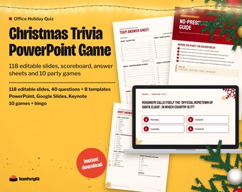 Christmas Trivia PowerPoint Game, Editable Office Holiday Quiz with Scoreboard, 40 Questions plus 8 Templates, Answer Sheets