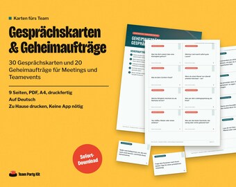 German Icebreaker Cards for Work, Gesprächskarten, Geheimaufträge, Team Building Game, Printable