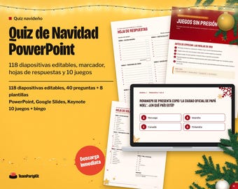Quiz de Navidad PowerPoint para la Cena de Empresa, Editable, 40 Preguntas y 8 Plantillas, Hojas de Respuestas