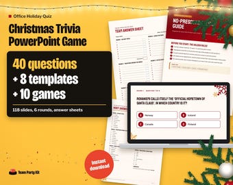 Christmas Trivia Game PowerPoint, Office Christmas Party Games, Editable Holiday Trivia with Scoreboard, 40 Questions plus 8 Templates