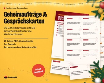 Tarjetas de misiones secretas alemanas, Geheimaufträge und Gesprächskarten für die Weihnachtsfeier, imprimibles