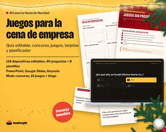 Juegos para la Cena de Empresa de Navidad, Quiz Navideño PowerPoint Editable, Concurso, Amigo Invisible, Rompehielos