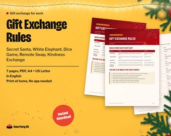 Secret Santa Rules and White Elephant Game, Dice Gift Exchange, Name Draw Slips, Printable