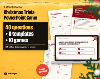 Christmas Trivia Game PowerPoint, Office Christmas Party Games, Editable Holiday Trivia with Scoreboard, 40 Questions plus 8 Templates