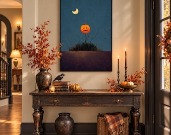 Halloween Lovers Pumpkin Wall Art, Hand-Painted Autumn Moon Scene