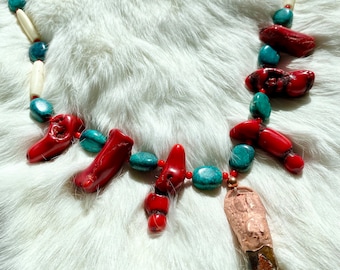 Turquoise and coral tribal necklace with buffalo tooth pendant, talisman necklace, artisan jewelry, western jewelry, gift