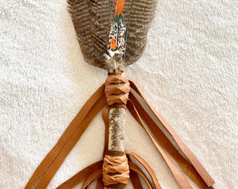 Smudge Fan wild turkey feathers for smudging deer leather wrapped red birch wood crystal healing ceremonial altar tool gift ideas