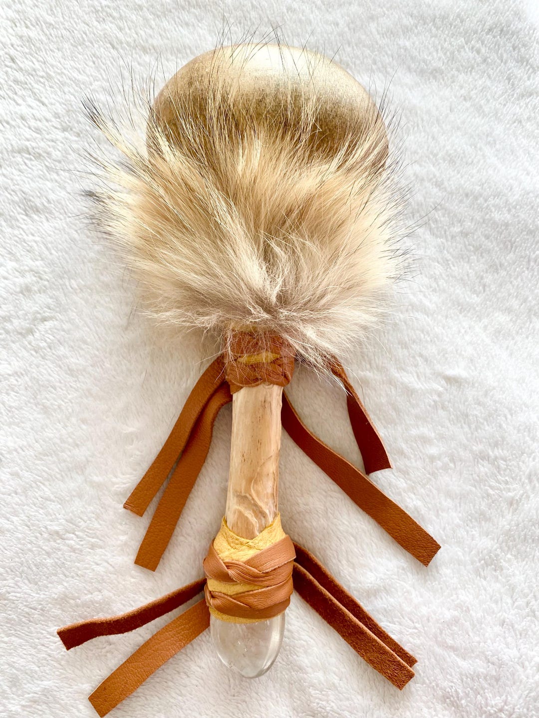 Large Horse Rawhide Rattle Natural Quartz Crystal Wood Handle Coyote ...