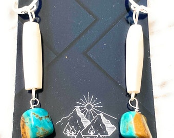 Pipe Bone and Turquoise Gemstone tribal earrings handmade artisan jewelry gender neutral gift ideas