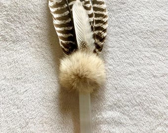 Ceremonial Feather Smudge Fan with Selenite Crystal Handle – Wild Turkey, Goose Feathers