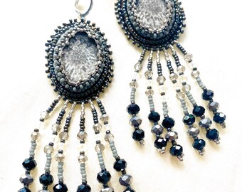 Long Beaded earrings dangle fringe fossilized coral gemstone handmade Native American Style jewelry gift idea for her