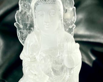 Hand Carved Kuan Yin Quartz Crystal Statue collectible Asian goddess home decor gift ideas