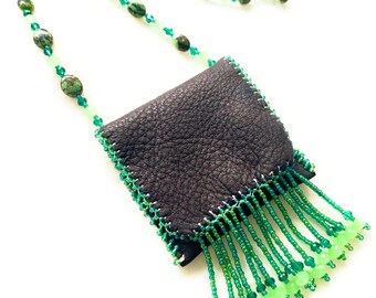 Beaded leather medicine bag  green turquoise gemstone handmade jewelry southwestern style necklace gift ideas