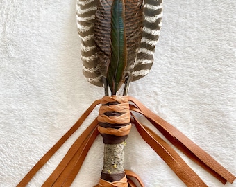 Large Smudge Fan wild Turkey feathers for smudging leather wrapped wood handle with crystal healing ceremonial altar tool southwestern gift