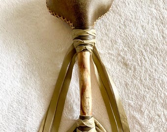Handmade Horse Hide Rattle with Peach Scolecite Crystal – Ceremonial Shaman Tool