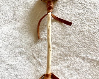 Horse rawhide rattle ceremonial tool healing red quartz crystal deer leather wrapped handle southwest themed home decor ideas