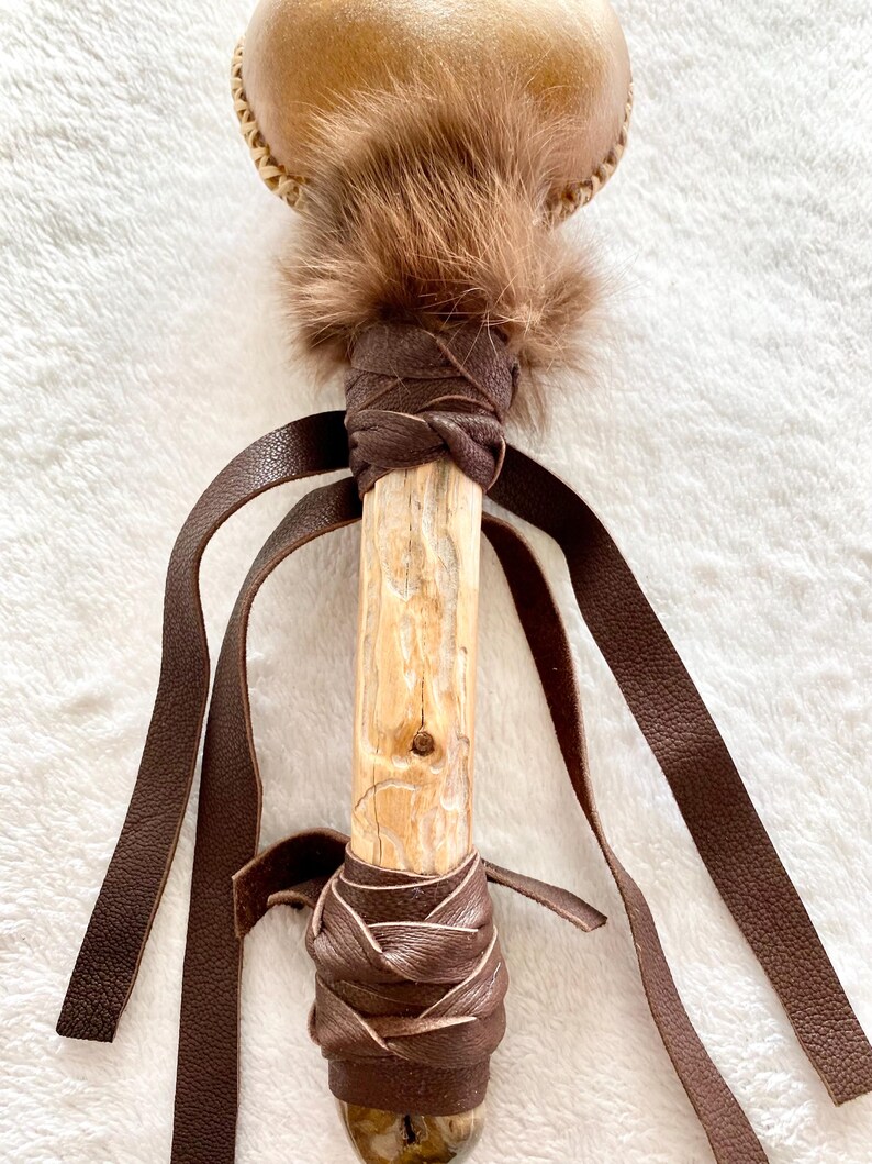 Rawhide Rattle Kit Large Horse Rawhide Rattle Natural Petrified Wood Crystal Wood Handle ...