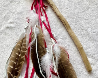 Talking Stick with lemurian crystal, feathers and rabbit fur, ceremonial tool