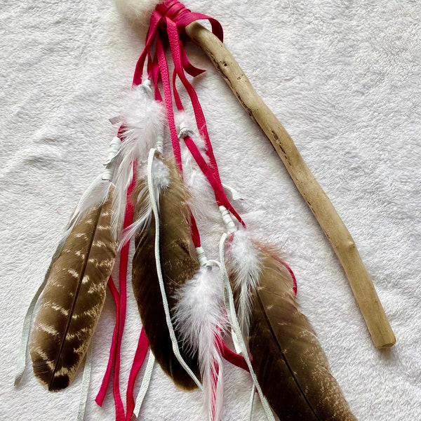 Talking Stick with lemurian crystal, feathers and rabbit fur, ceremonial tool