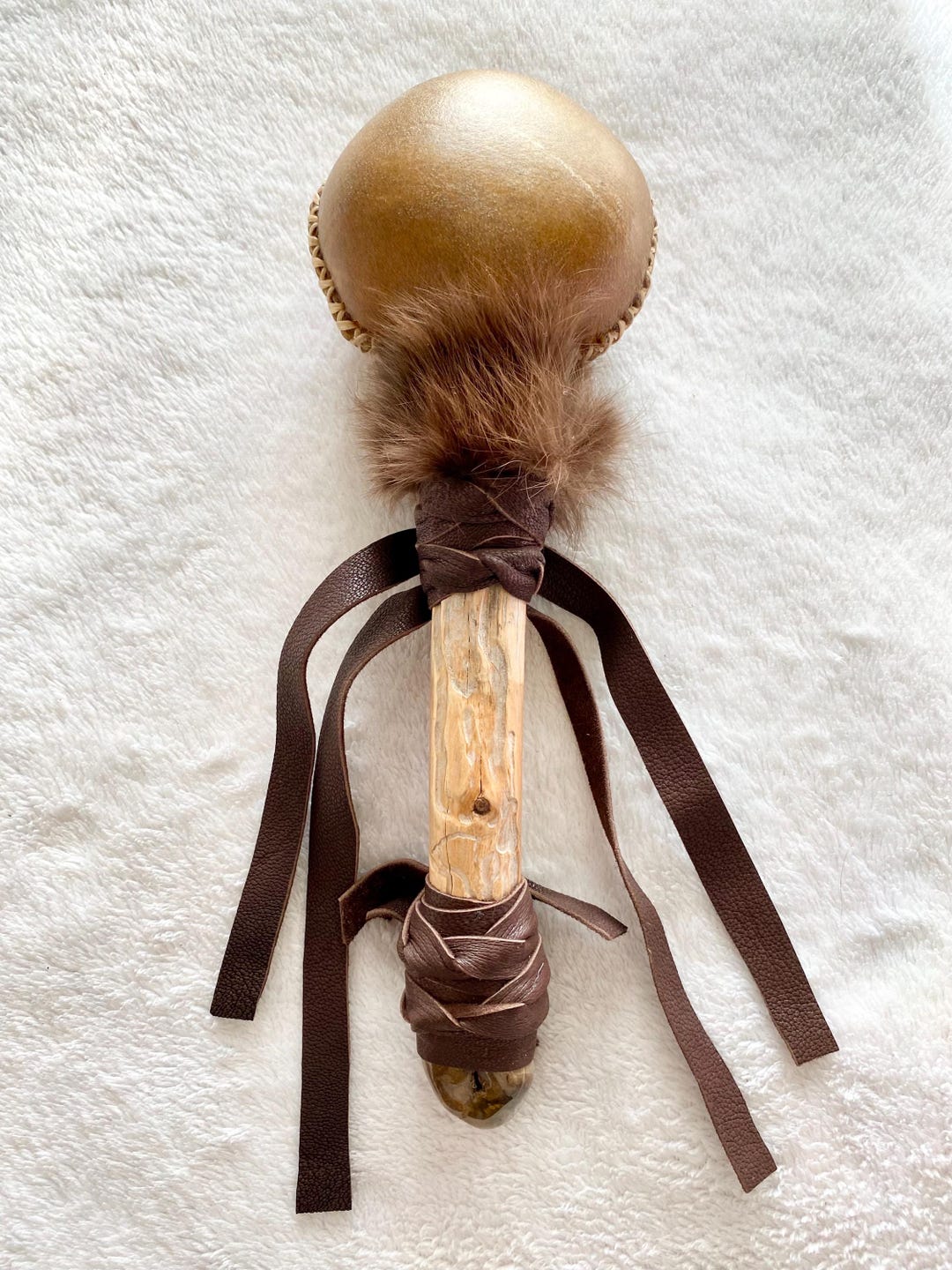 Healing Rattles Large Horse Rawhide Rattle Natural Petrified Wood Crystal Wood Handle ...