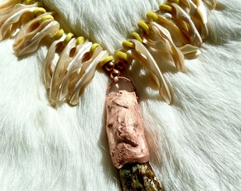 Mother of Pearl and bone necklace with buffalo tooth pendant, talisman necklace, artisan jewelry, western jewelry, gift
