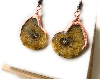 Ammonite Fossil Gemstone and Copper Earrings Handmade Artisan Jewelry Bohemian Style Accessories
