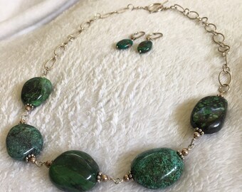 Chunky Tibetan Turquoise Sterling Silver Necklace and Earrings Set Vintage Jewelry