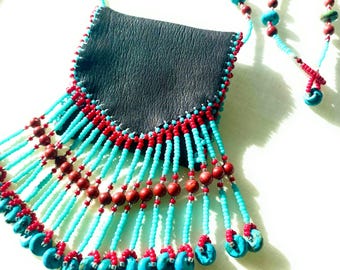 Beaded leather medicine bag turquoise coral gemstone beads handmade Native American Style  southwestern artisan jewelry gift ideas for her