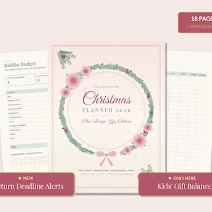 May include: A 2026 Christmas planner with 18 pages and a spreadsheet, featuring a pink cover with a green wreath, pink flowers, and a bow. Text includes 'Christmas PLANNER 2026', 'Plan-Budget-Gift-Celebrate', 'Holiday Budget', and 'Return Deadline Alerts'.