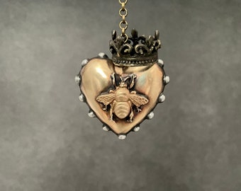 Queen Bee Heart Crown Pendant, Puffed, Dotted, Brass, Rustic Boho Hand Soldered, Jewelry, Lead Free