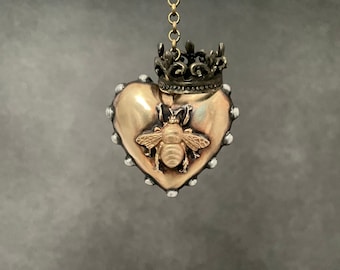 Queen Bee Heart Crown Pendant, Puffed, Dotted, Brass, Rustic Boho Hand Soldered, Jewelry, Lead Free